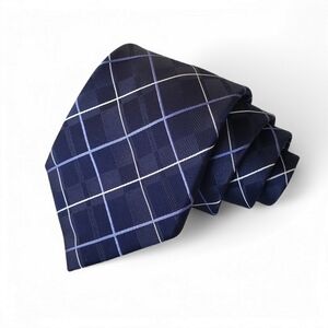 Balmain 100% Silk Tie Navy Blue & White Plaid Check Striped Pattern